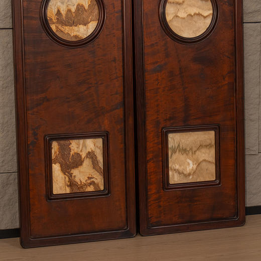 清 红木镶楠木嵌云石天圆地方挂屏（一对） 商品图3