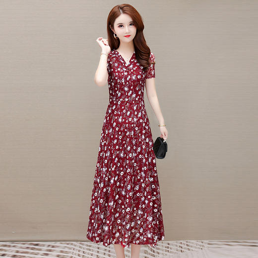 印花长裙时尚妈妈装短袖裙气质优雅中长款小花A字裙裙QYM-JJ-642309-Y 商品图0