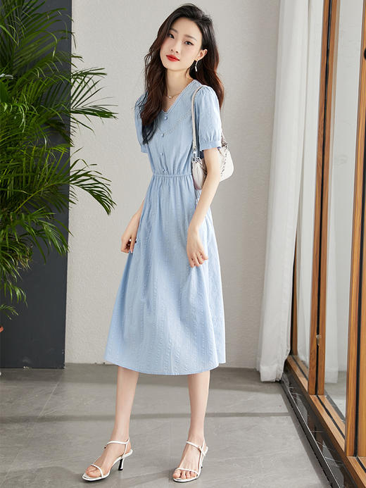 【专属特价】熙世界纯棉气质蕾丝花边V领连衣裙女夏季法式小个子显瘦收腰裙子 商品图4