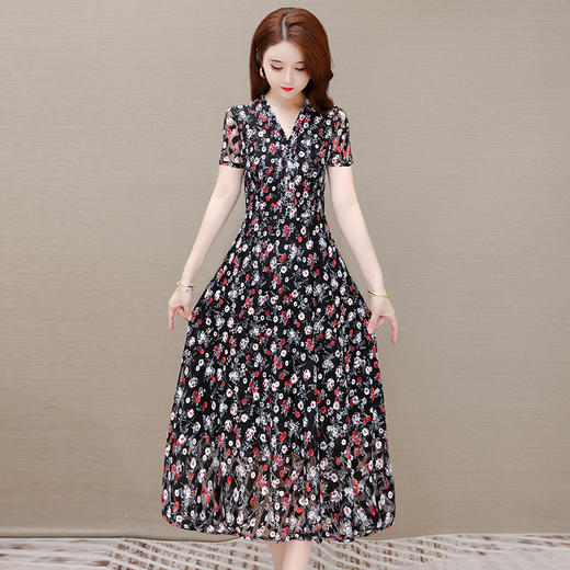 印花长裙时尚妈妈装短袖裙气质优雅中长款小花A字裙裙QYM-JJ-642309-Y 商品图1