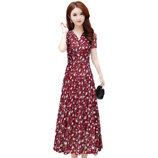 印花长裙时尚妈妈装短袖裙气质优雅中长款小花A字裙裙QYM-JJ-642309-Y 商品图4