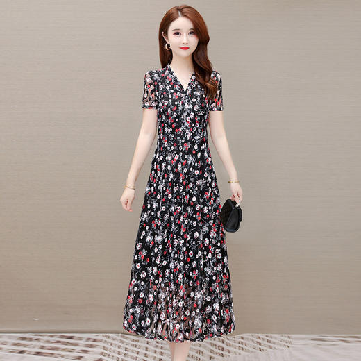 印花长裙时尚妈妈装短袖裙气质优雅中长款小花A字裙裙QYM-JJ-642309-Y 商品图5