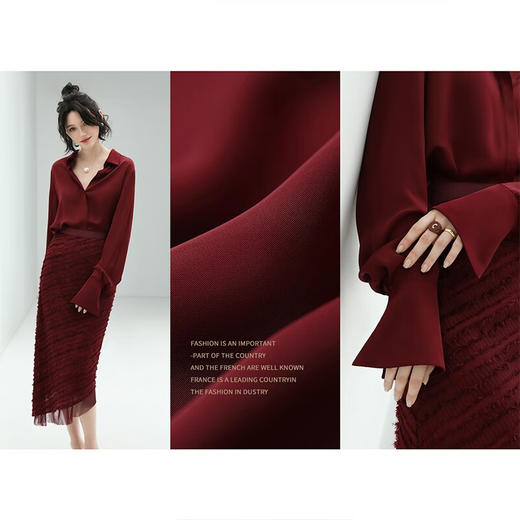 【限时秒杀】COCOBELLA法式简约光泽感酒红色衬衫女气质通勤垂感衬衣SR125 商品图2