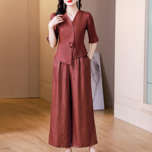 新中式仿香云纱，红色衬衫阔腿裤时尚两件套AHM-blx9536 商品图0