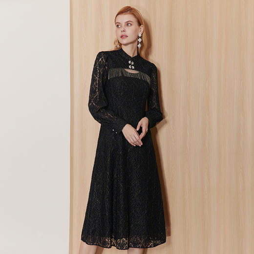 EITIE爱特爱时尚设计感中式镂空立领黑色蕾丝显瘦连衣裙秋新款C07216 商品图1