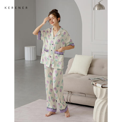 可人儿夏季花朵睡衣女夏天冰丝短袖可外穿仿真丝薄款家居服三件套 商品图2