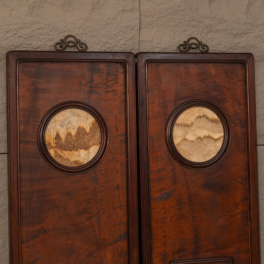清 红木镶楠木嵌云石天圆地方挂屏（一对） 商品图1