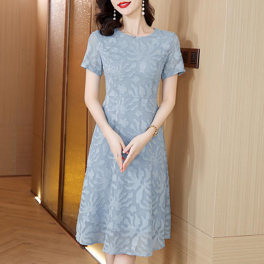 浅蓝色蕾丝圆领连衣裙，时尚优雅百搭修身显瘦A字裙AHM-mmjp8528 商品图2