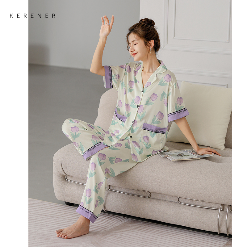 可人儿夏季花朵睡衣女夏天冰丝短袖可外穿仿真丝薄款家居服三件套