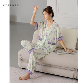 可人儿夏季花朵睡衣女夏天冰丝短袖可外穿仿真丝薄款家居服三件套