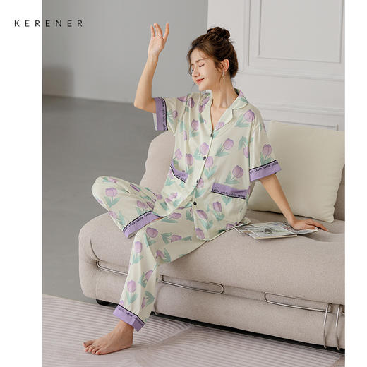 可人儿夏季花朵睡衣女夏天冰丝短袖可外穿仿真丝薄款家居服三件套 商品图0