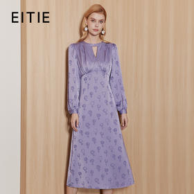 EITIE爱特爱精致复古V领时尚暗纹印花显瘦紫色连衣裙秋季新款C2307222
