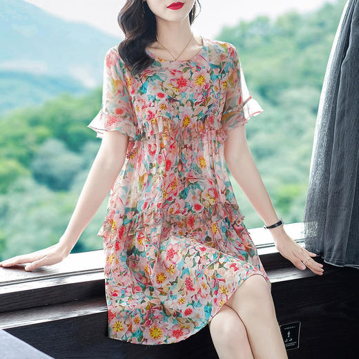 WWM-69218-1新款69218原创设计女装印花真丝连衣裙宽松小个子大码女装 商品图0