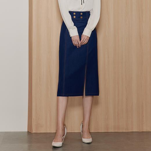 EITIE/爱特爱时尚经典复古高腰开叉显瘦通勤牛仔半身裙秋季新款C2306206 商品图2