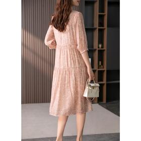 YX【定制17天】气质减龄V领天丝连衣裙灯笼袖显瘦长裙【7.5新款】