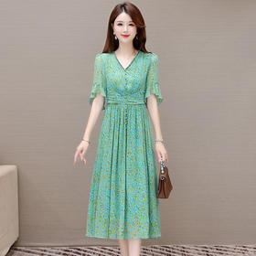时尚休闲，夏款中长款简约碎花雪纺裙修身气质连衣裙QYM-XQD-5B109-L