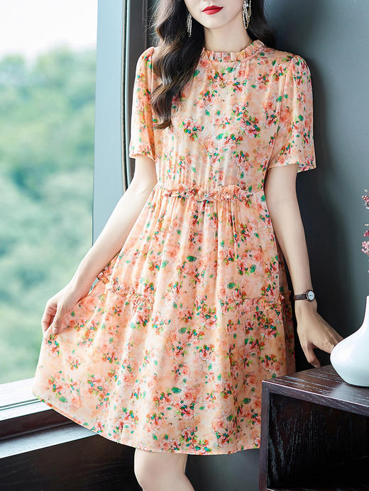 WWM-69398女装夏款69398木耳边小个子真丝印花桑蚕丝连衣裙 商品图2