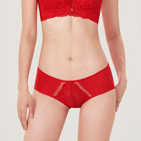 都市丽人薄透丝滑蕾丝+泳布低腰平角女士内裤纯色内裤新年本命年红品YP32A1