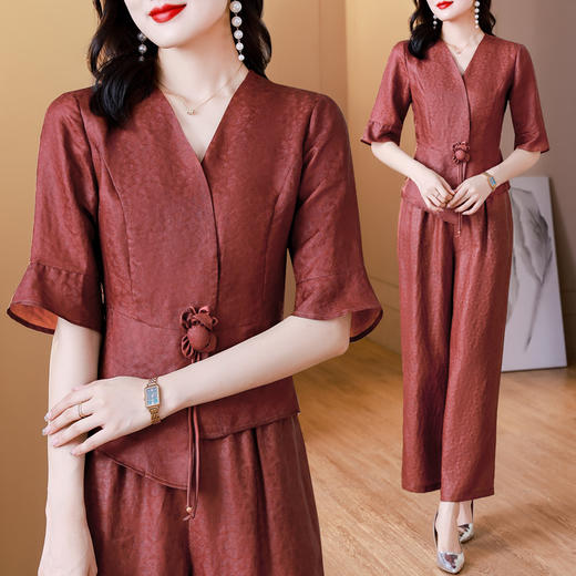 新中式仿香云纱，红色衬衫阔腿裤时尚两件套AHM-blx9536 商品图2