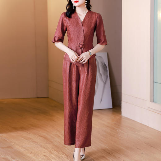 新中式仿香云纱，红色衬衫阔腿裤时尚两件套AHM-blx9536 商品图3