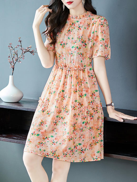 WWM-69398女装夏款69398木耳边小个子真丝印花桑蚕丝连衣裙 商品图0