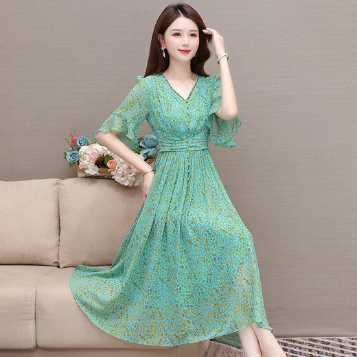 时尚休闲，夏款中长款简约碎花雪纺裙修身气质连衣裙QYM-XQD-5B109-L 商品图2