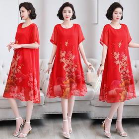 简约时尚优雅仿真丝中长款民族风印花大码女装连衣裙YYG82649-1