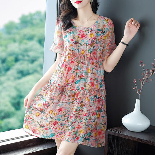 WWM-69218-1新款69218原创设计女装印花真丝连衣裙宽松小个子大码女装 商品图1
