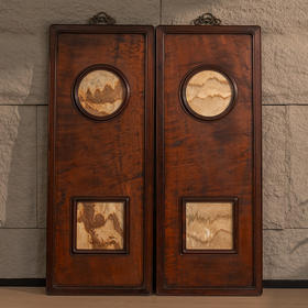 清 红木镶楠木嵌云石天圆地方挂屏（一对）