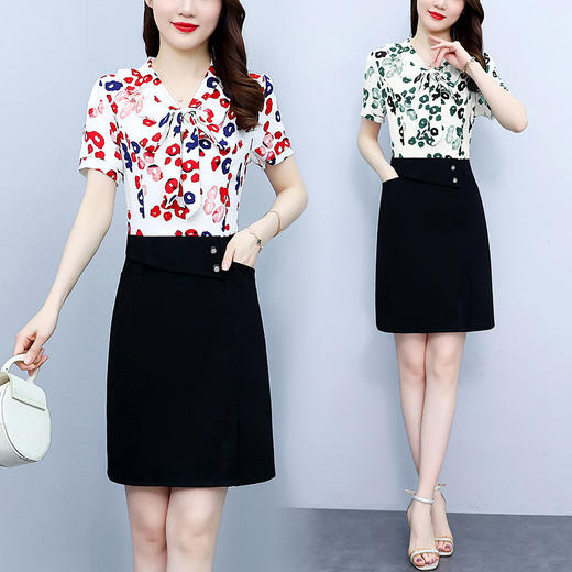 时尚印花气质通勤，拼接显瘦雪纺连衣裙AHM-mlyr9838 商品图0