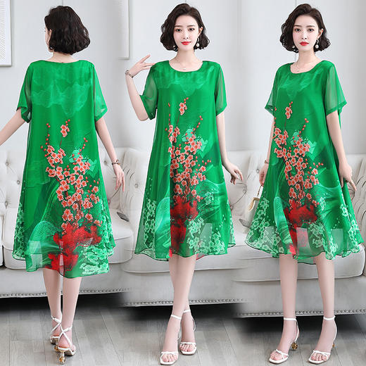 简约时尚优雅仿真丝中长款民族风印花大码女装连衣裙YYG82649-1 商品图1