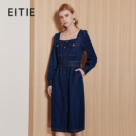 EITIE爱特爱气质复古时尚方领显瘦收腰宽松牛仔连衣裙秋季新款C2307210