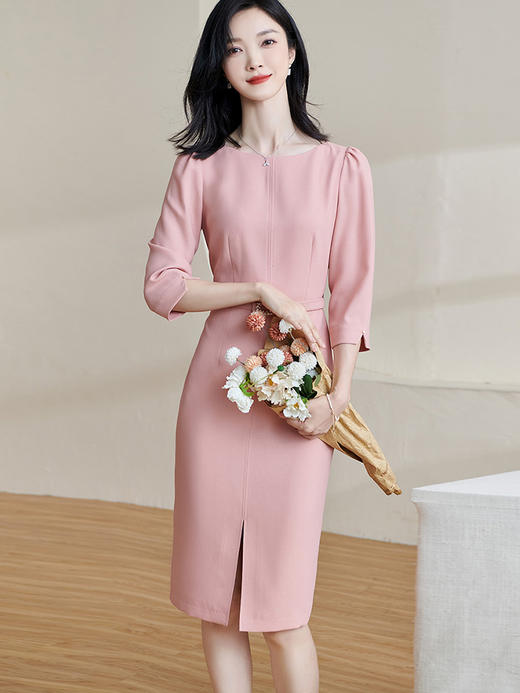 米思阳2026春新款温柔气质中长裙一字领开叉系带显瘦连衣裙2254 商品图7