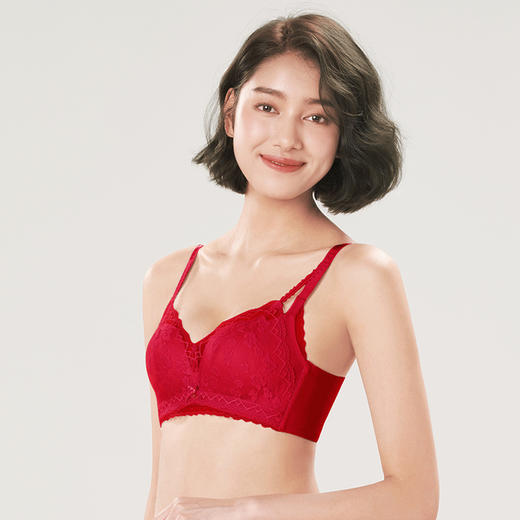都市丽人自然舒适B杯适穿蕾丝无磁内衣中厚款3/4杯常规文胸无钢圈三排扣新年本命年红品LB3AA6 商品图1