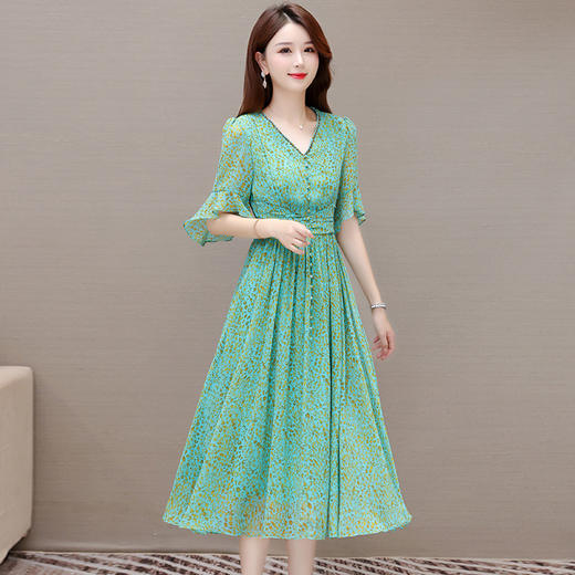 时尚休闲，夏款中长款简约碎花雪纺裙修身气质连衣裙QYM-XQD-5B109-L 商品图1