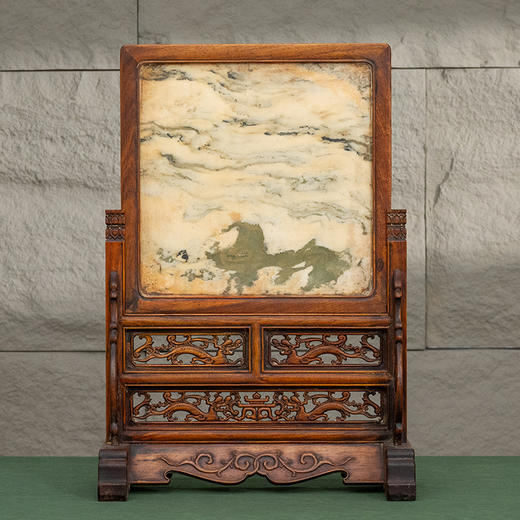 清 红木镶云石透雕螭龙纹插屏 商品图0