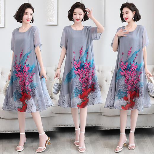 简约时尚优雅仿真丝中长款民族风印花大码女装连衣裙YYG82649-1 商品图2