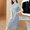 浅蓝色蕾丝圆领连衣裙，时尚优雅百搭修身显瘦A字裙AHM-mmjp8528 商品缩略图3