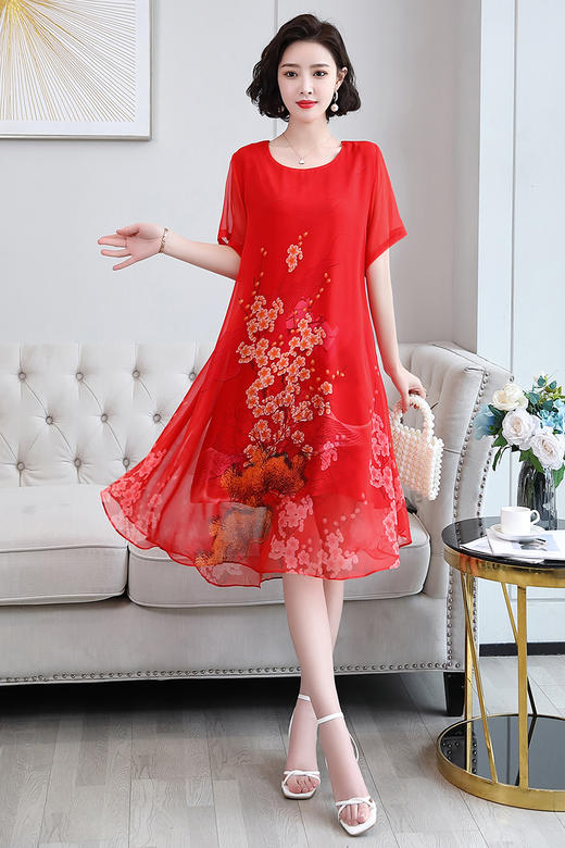 简约时尚优雅仿真丝中长款民族风印花大码女装连衣裙YYG82649-1 商品图5