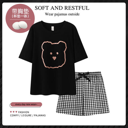 【新款上架！女士小熊夏季凉感睡衣套装】薄款简约格子设计，短袖搭配胸垫，舒适贴合，让你拥有更好的睡眠体验。 商品图4