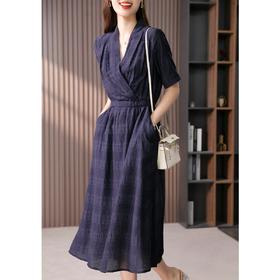 89342原形V领短袖连衣裙女2024春夏季新款高级感气质收腰A字裙长裙子