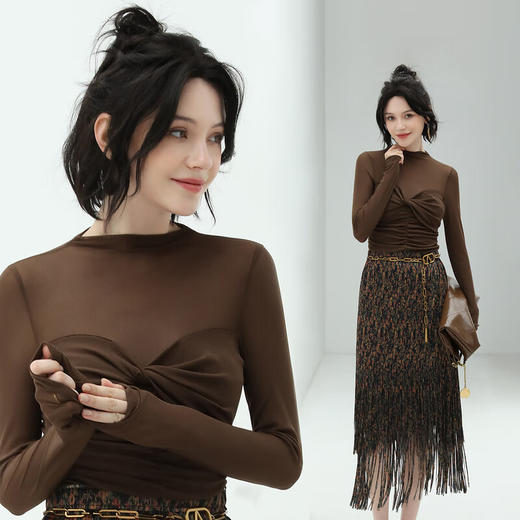 COCOBELLA设计感拧花抽褶网纱长袖T恤透视打底衫TS126 商品图3