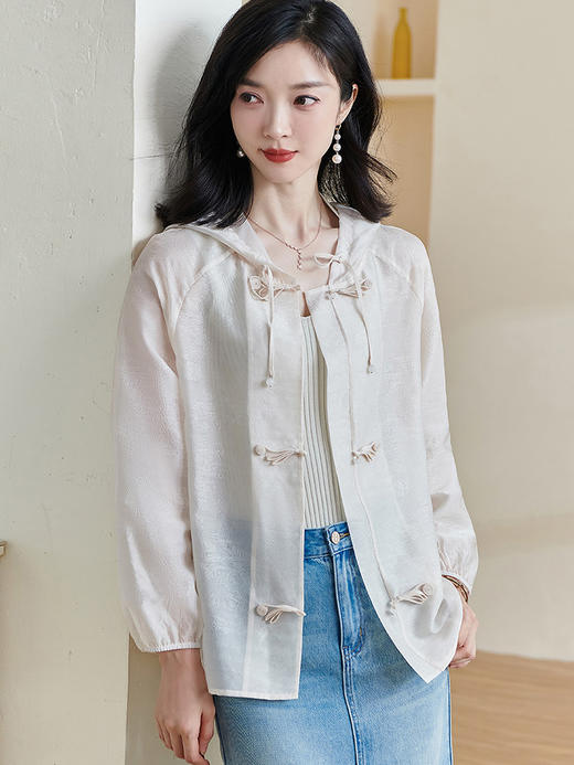 米思阳2025夏季新款通勤盘扣肌理提花高级醋酸防晒衫长袖外套女 商品图2