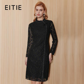 EITIE爱特爱气质优雅钉珠修身显瘦温柔黑色蕾丝连衣裙秋季新款C2307214
