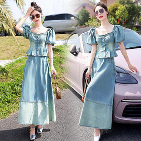 夏季新款，女装时尚气质显瘦炒洗色牛仔两件套HR-HMGF1922-1