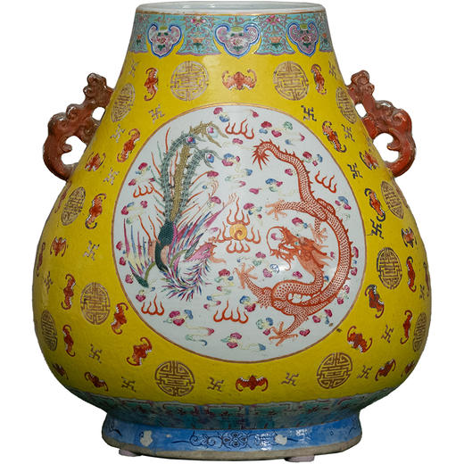 清光绪 黄地粉彩龙凤呈祥开窗双耳牛首尊 商品图5