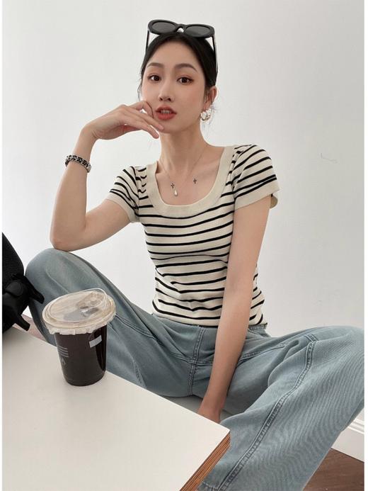 千吉娜 Chigina 法式 大U领 冰丝条纹 针织T恤 C166 商品图1