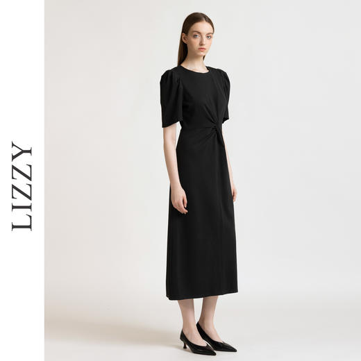 LIZZY 法式优雅通勤泡泡袖露腰长款弹力针织连衣裙7850 商品图2
