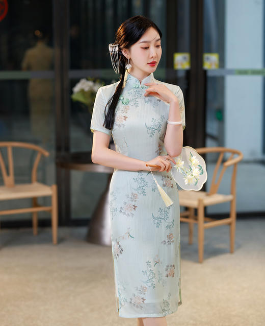 日常时尚，改良年轻款旗袍春夏旗袍立领短袖气质中长提花旗袍ZA-104 商品图1
