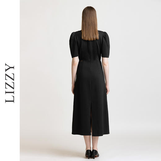 LIZZY 法式优雅通勤泡泡袖露腰长款弹力针织连衣裙7850 商品图3